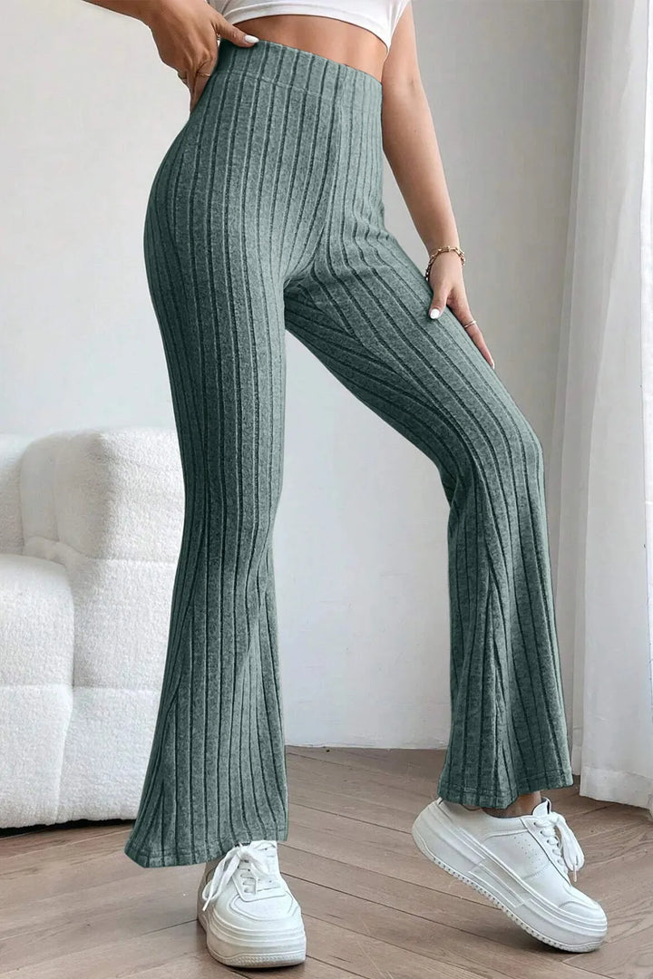 Ribbed knit high-waist flare pants with pull-on waist