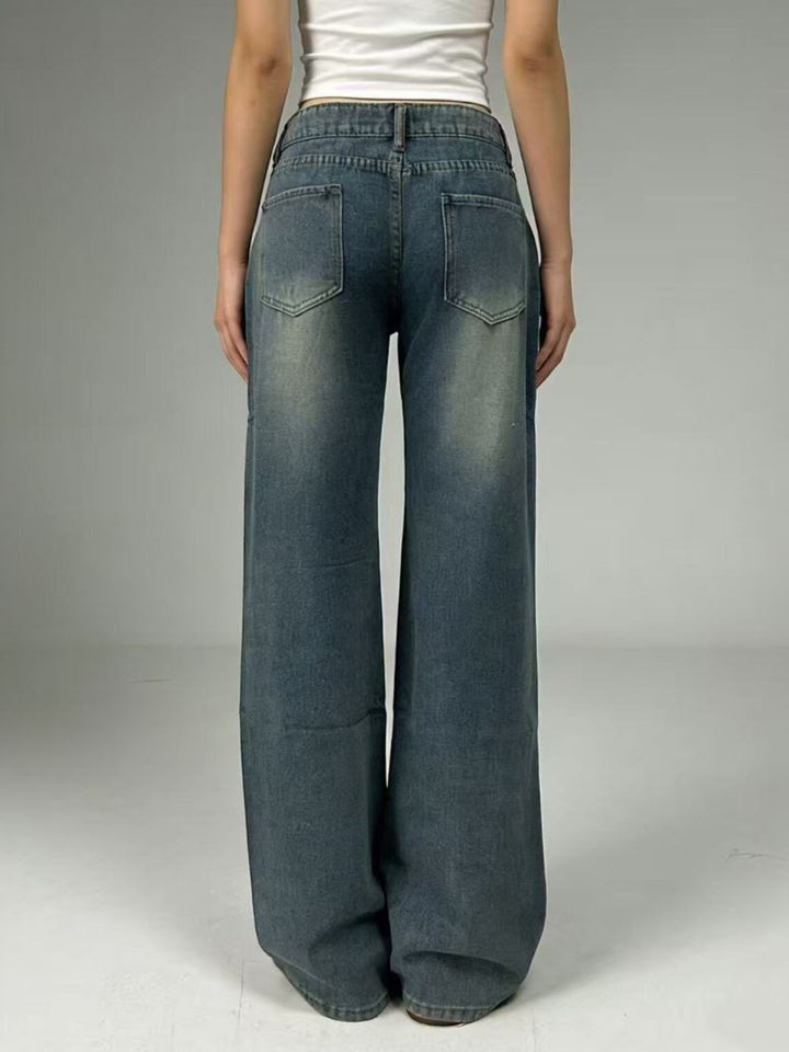 Vintage wash wide leg jeans with whiskered fading