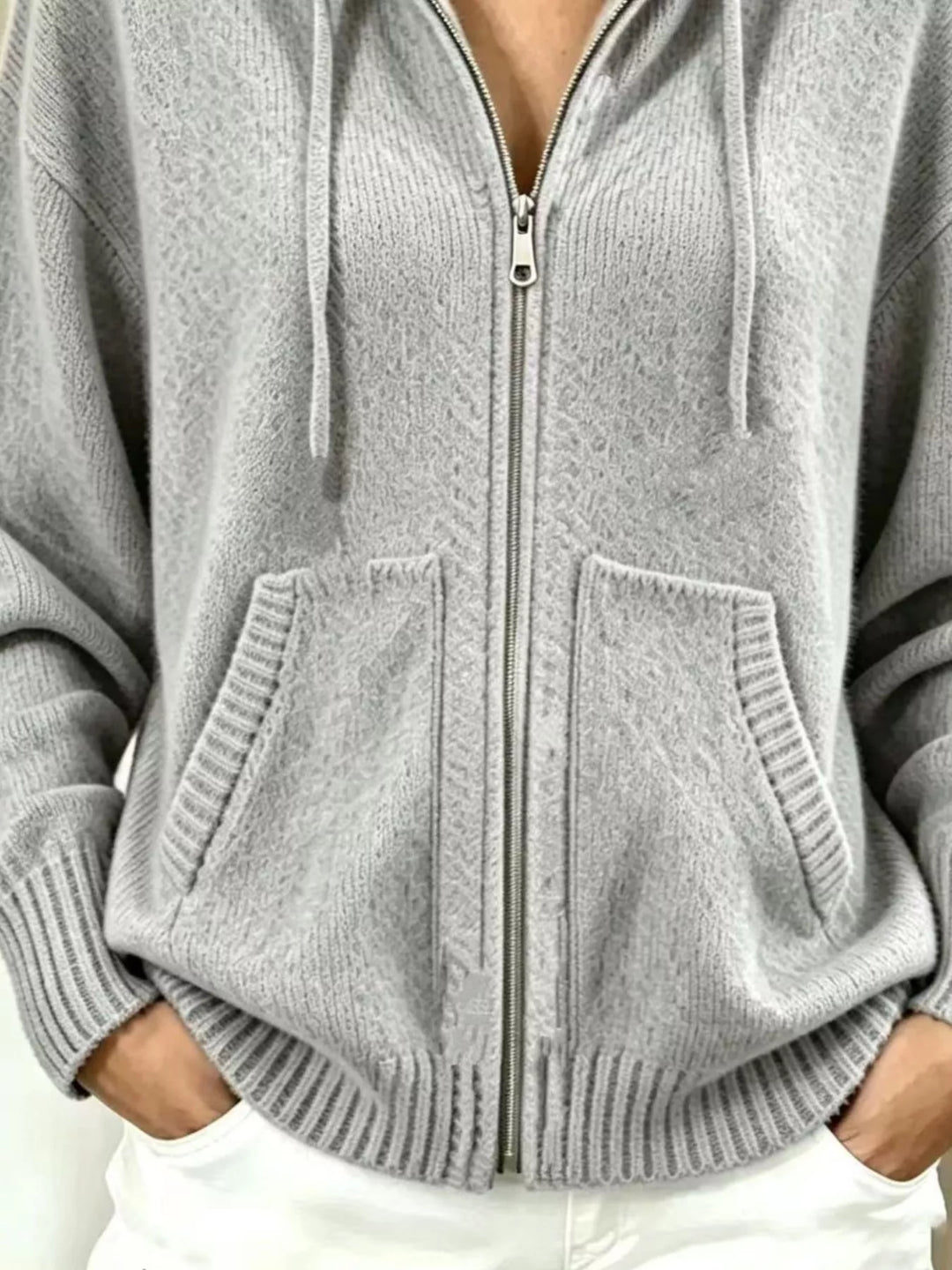 Zip-front hooded knit cardigan with drawstring and pockets