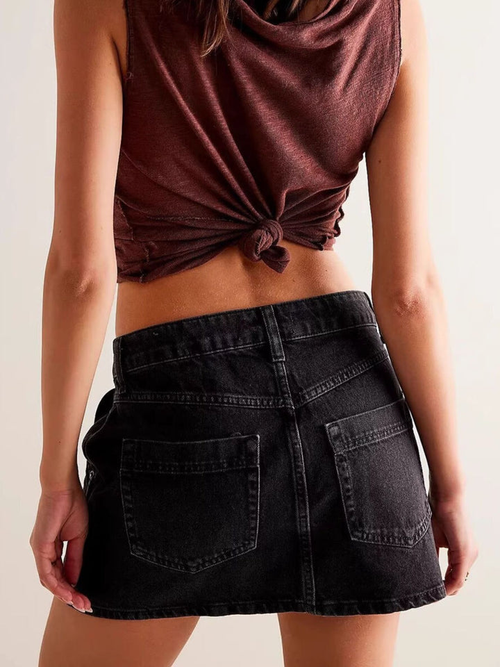 Asymmetrical button-front denim mini skirt