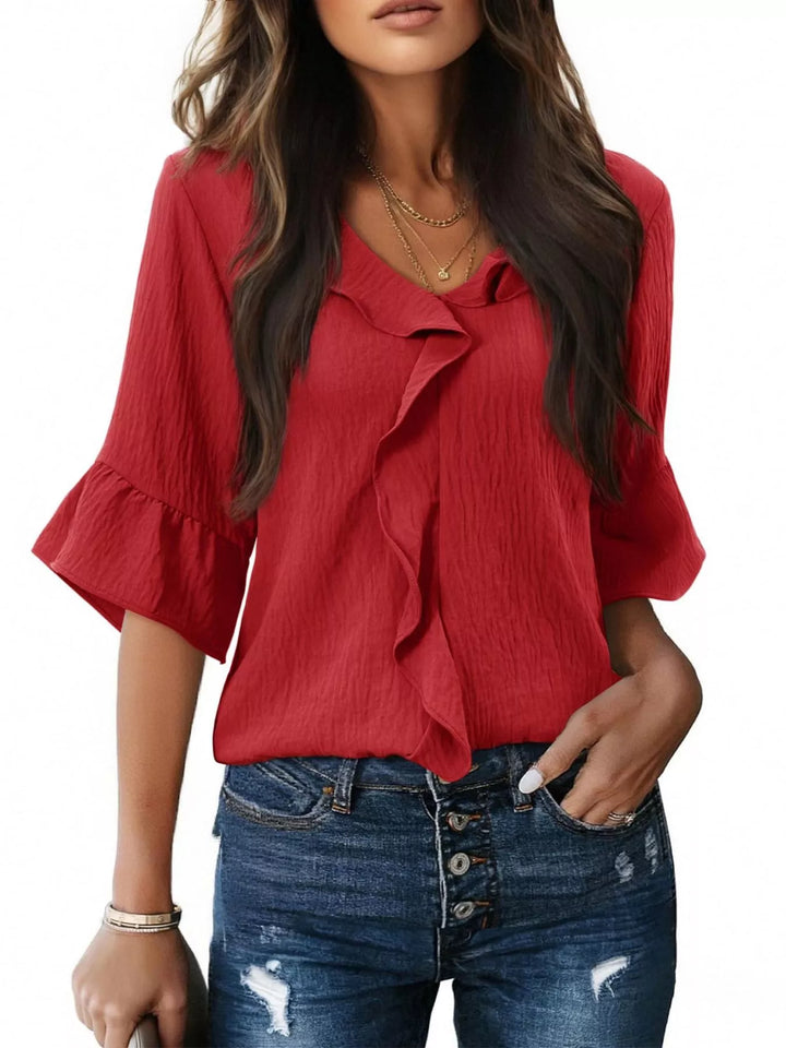 Red Ruffle trim V-neck blouse with flared bell sleeves