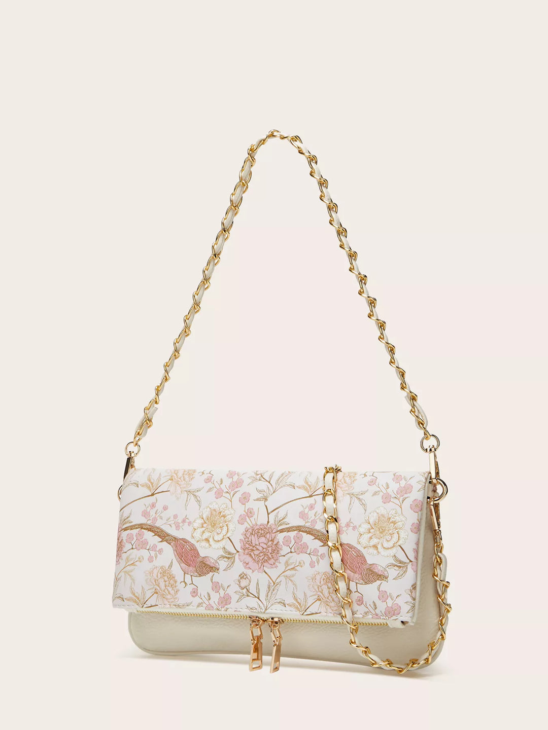 Floral bird print mini shoulder bag with woven chain strap