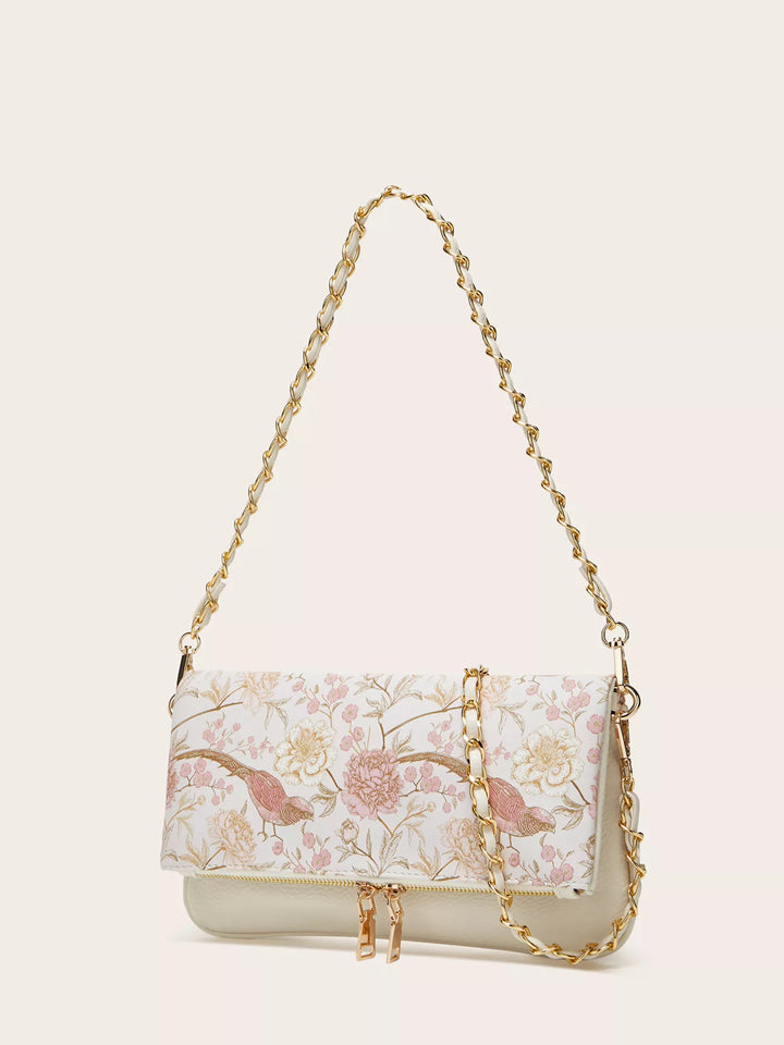 Floral bird print mini shoulder bag with woven chain strap