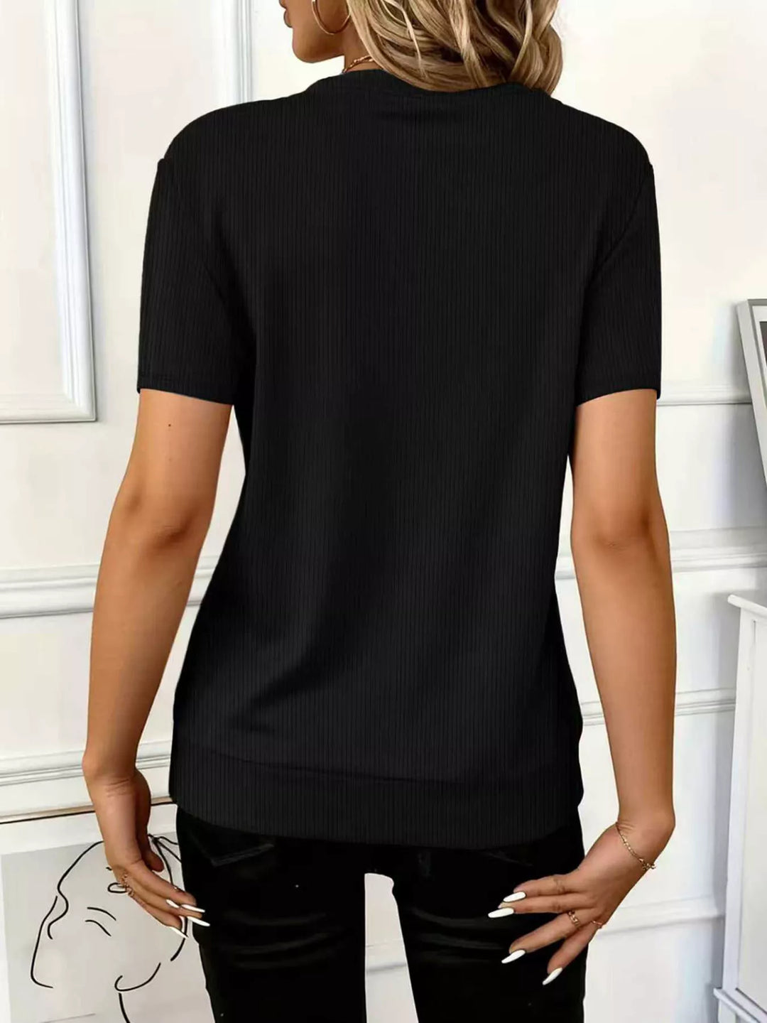Ribbed half-zip short sleeve top with O-ring pull