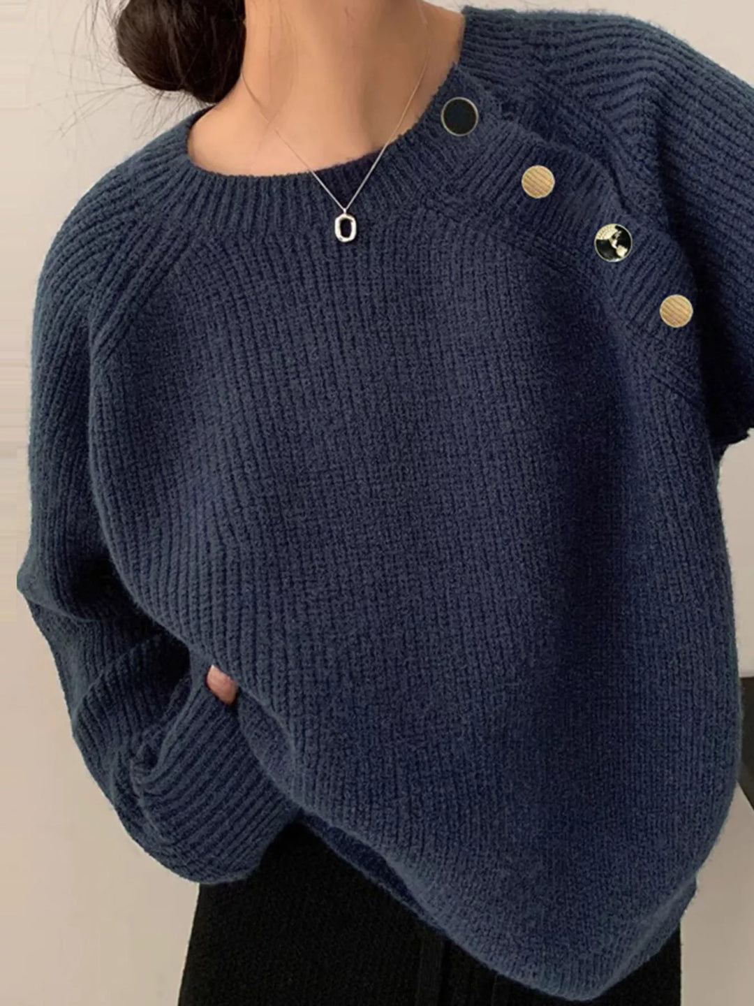 Navy Ribbed knit round neck sweater with shoulder button detail