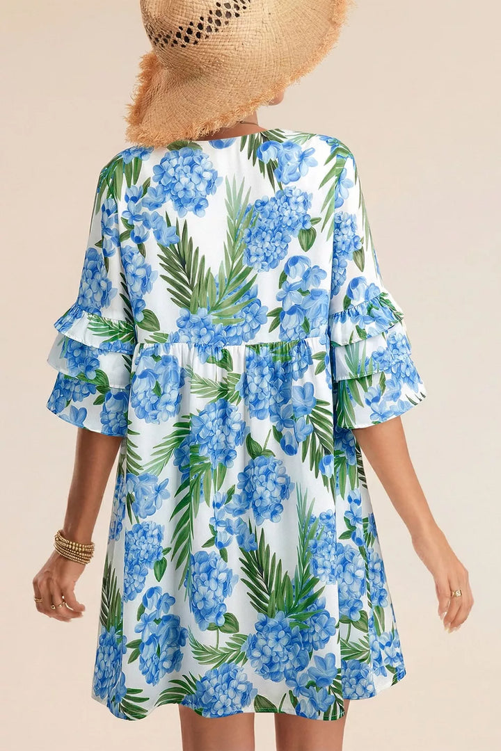 Floral print tiered bell sleeve mini dress with bow