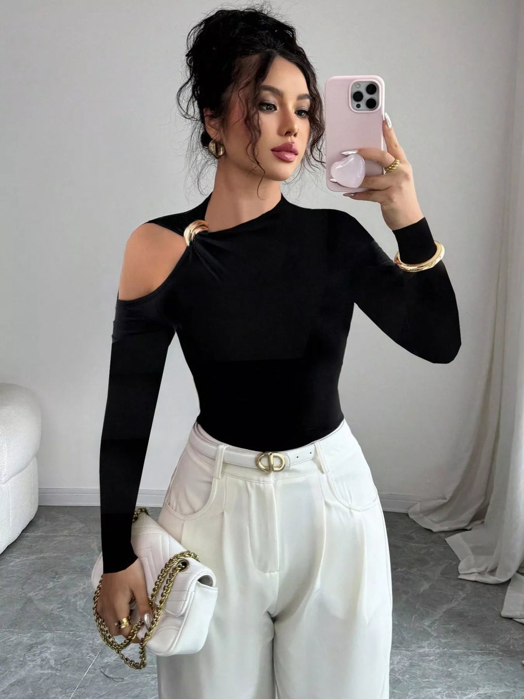 Black Cutout one-shoulder long sleeve top with ring detail