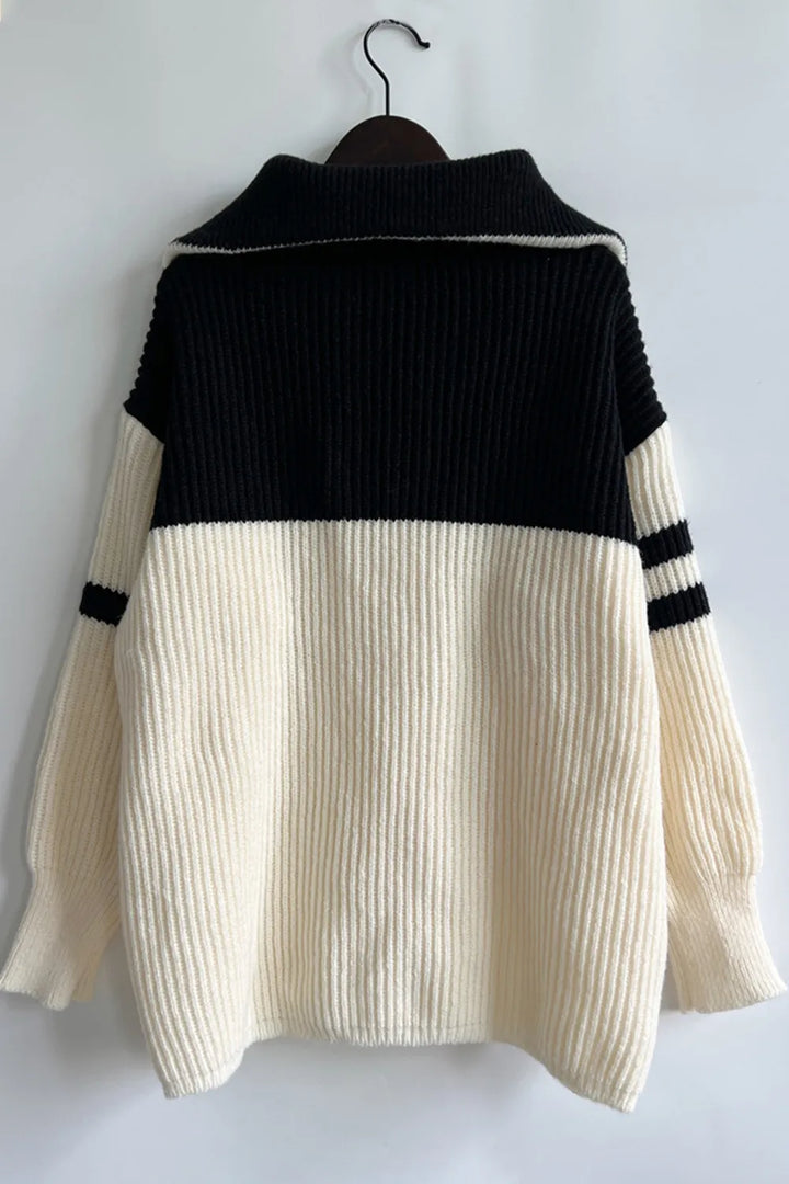 Quarter-zip ribbed knit sweater with striped sleeves