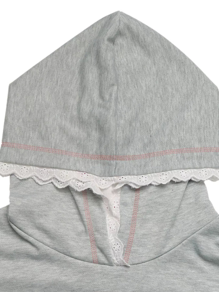 Bow embroidered hoodie with lace trim and front pocket