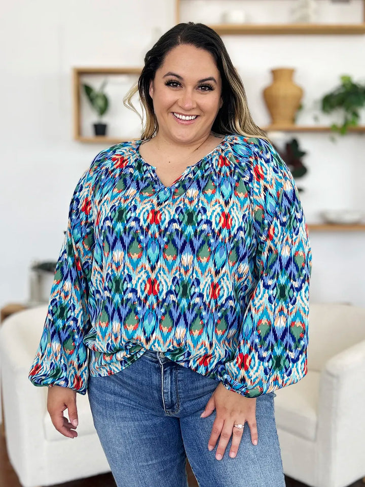 Abstract print balloon sleeve blouse with split neck