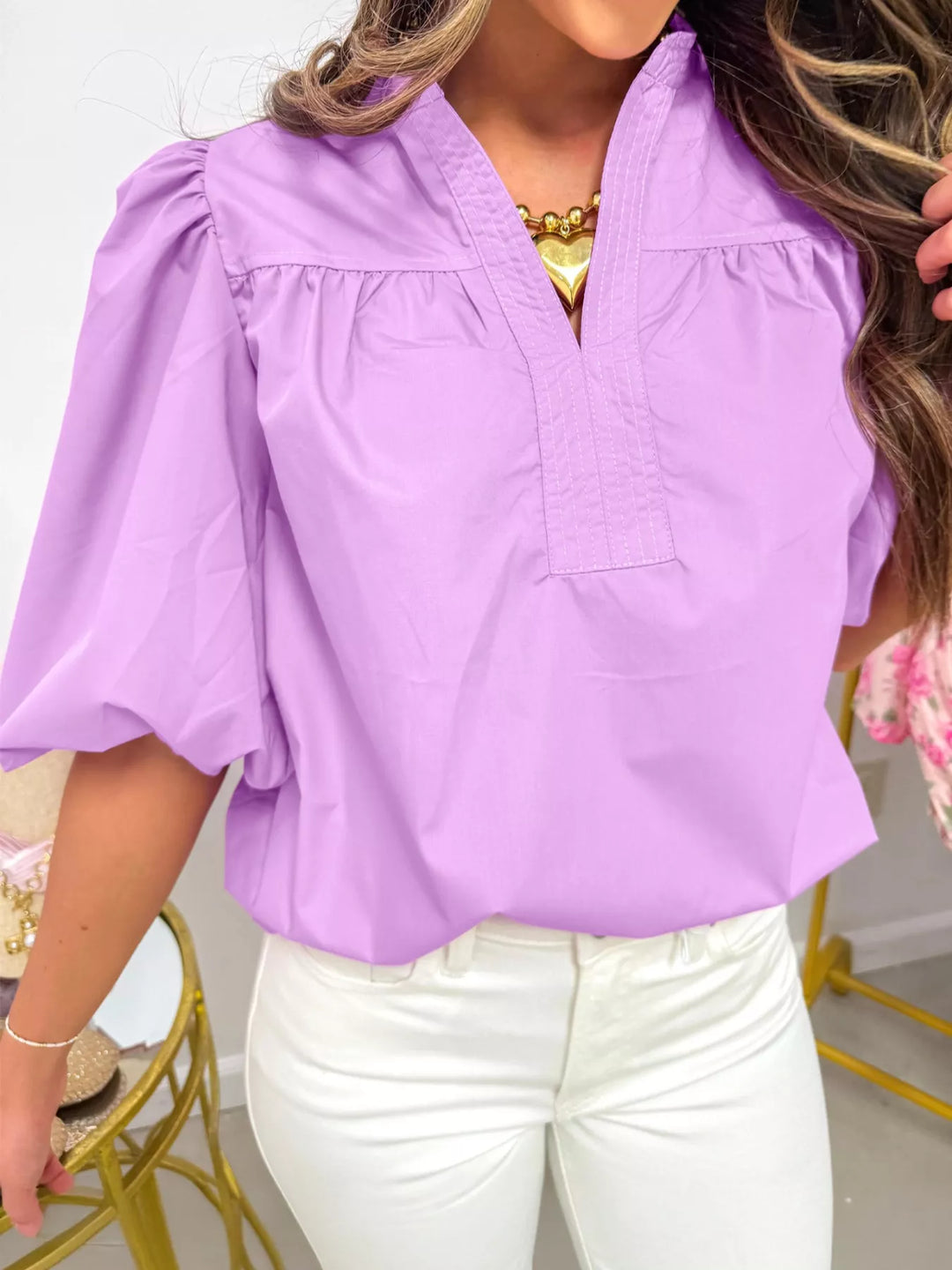 Puff sleeve cotton blouse with notched neckline
