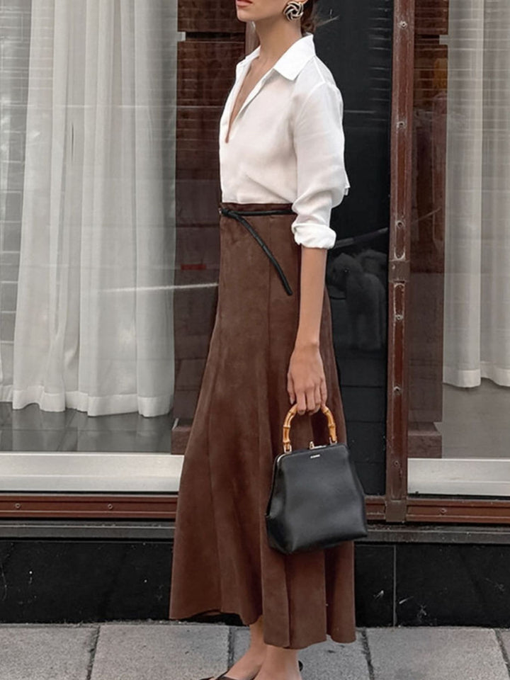 Faux suede high-waist straight midi skirt