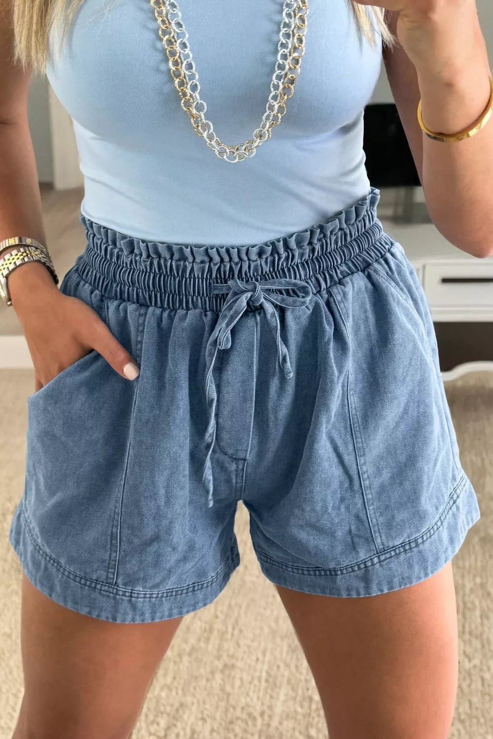 Medium Smocked elastic-waist denim shorts with drawstring