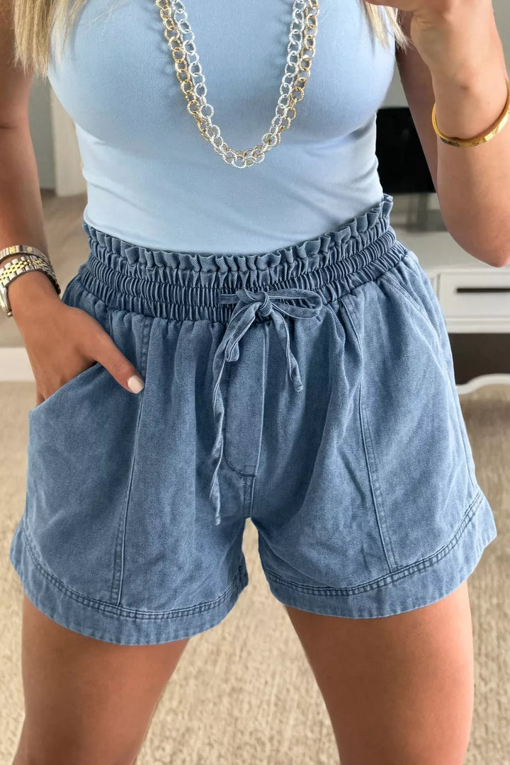 Medium Smocked elastic-waist denim shorts with drawstring
