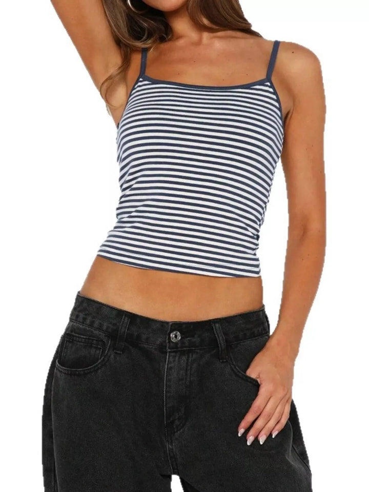 Striped spaghetti strap scoop neck crop cami