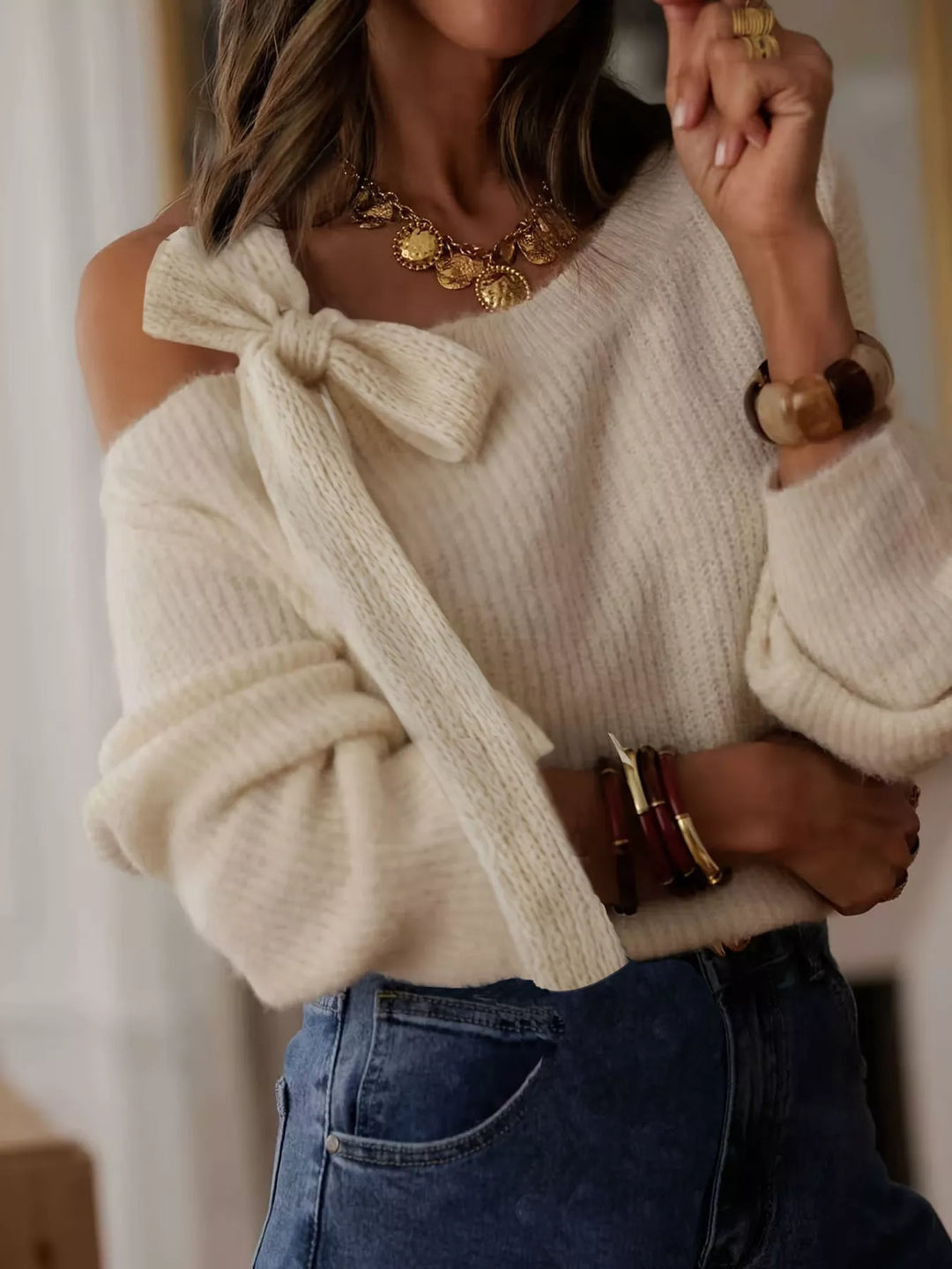 Bow-tie one-shoulder cutout knit sweater