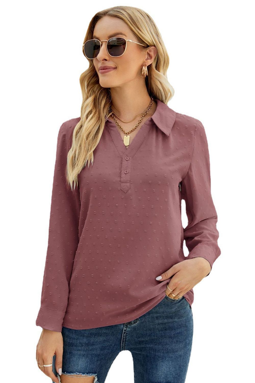 Swiss dot Johnny collar blouse with roll-tab long sleeves