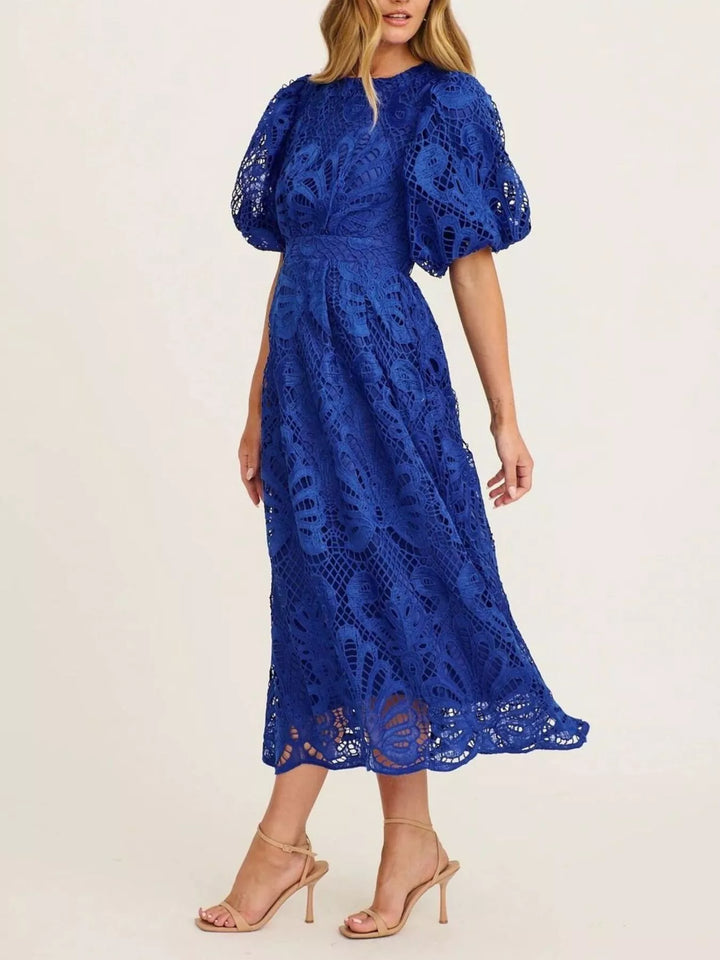 Blue Crochet lace puff sleeve midi dress with scalloped hem