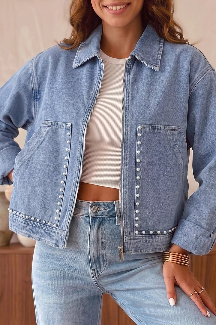 Studded zip-front cropped denim jacket with patch pockets
