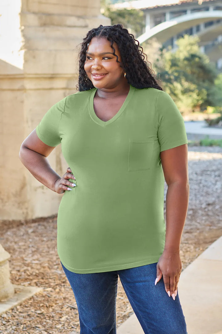 V-neck short sleeve bamboo tee with chest pocket