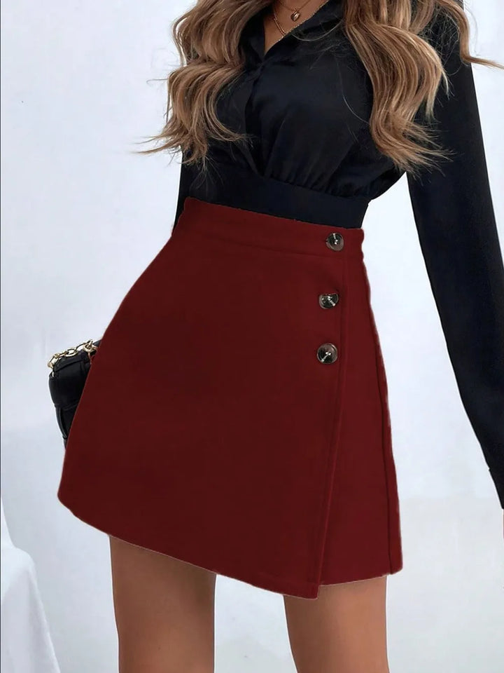 High-rise button-detail A-line mini skirt
