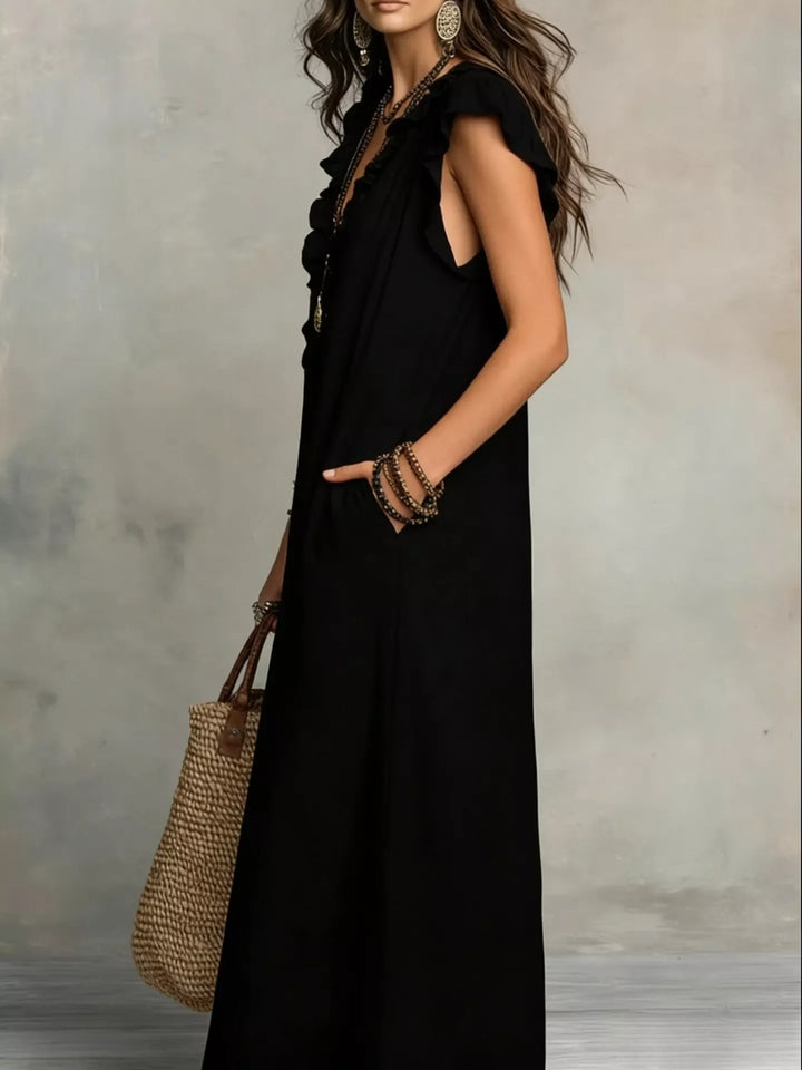 Ruffled v-neck cap sleeve maxi dress with side pockets