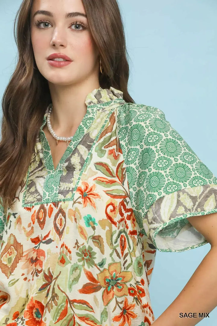 Mixed print v-neck patchwork blouse with short sleeves