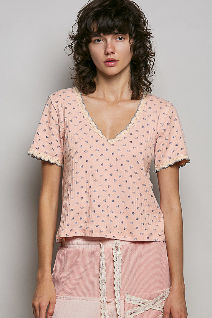 Vintage-wash floral ribbed V-neck crop top with lace trim