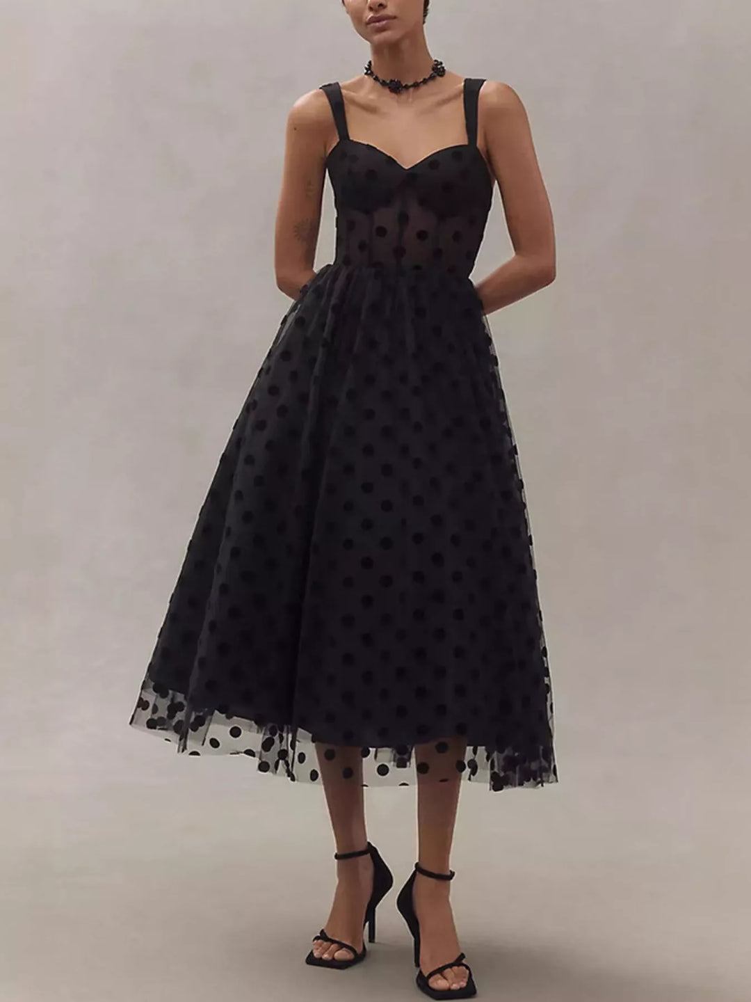 Black Polka dot tulle midi dress with sweetheart neckline
