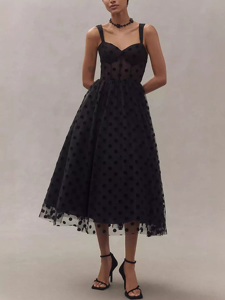 Black Polka dot tulle midi dress with sweetheart neckline