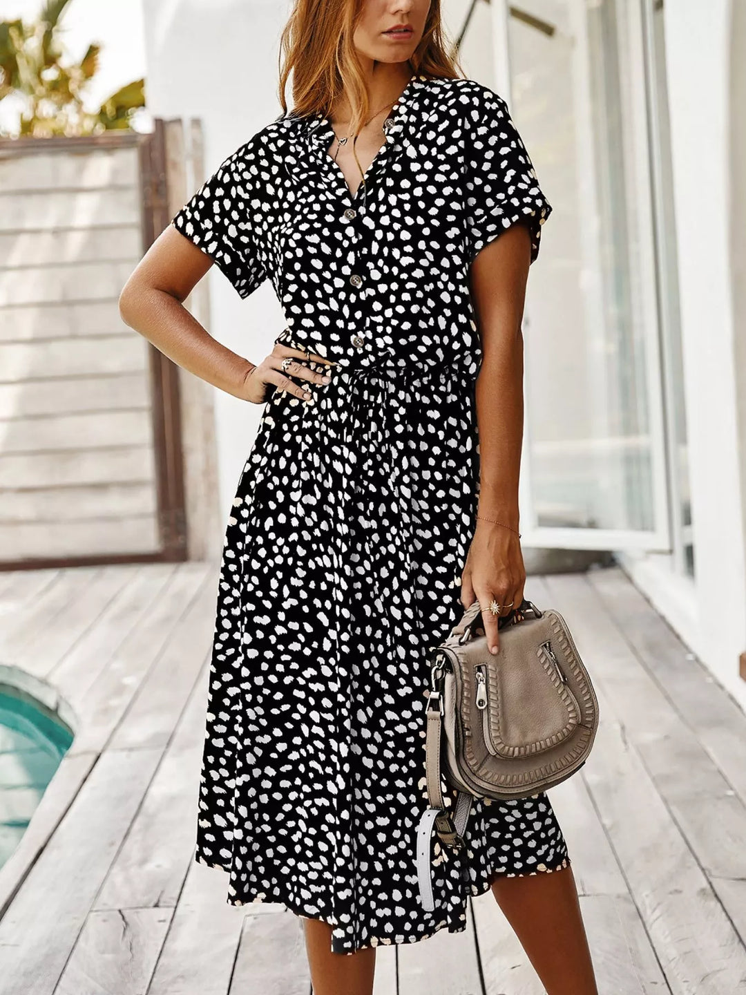 Animal print short sleeve midi shirt dress with tie waist
