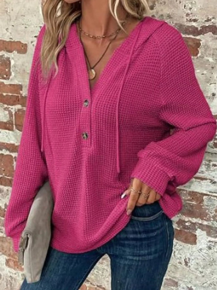 Fuchsia Pink Waffle knit button-front hoodie with drawstring hood