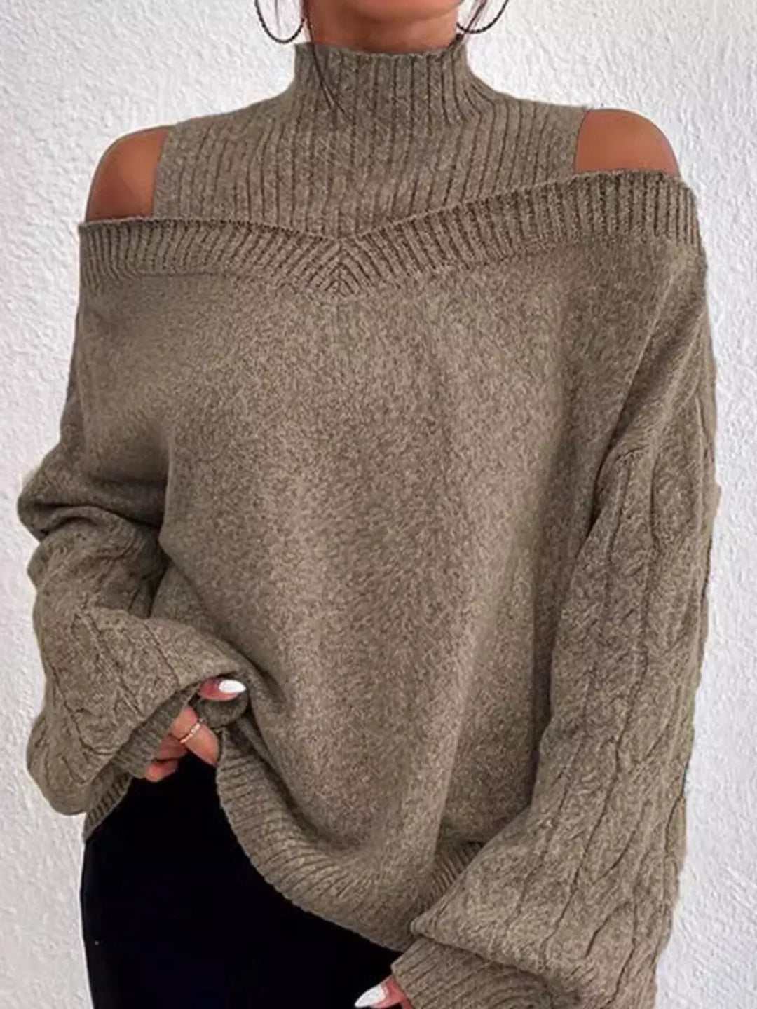 Khaki Cold-shoulder cable-knit turtleneck sweater