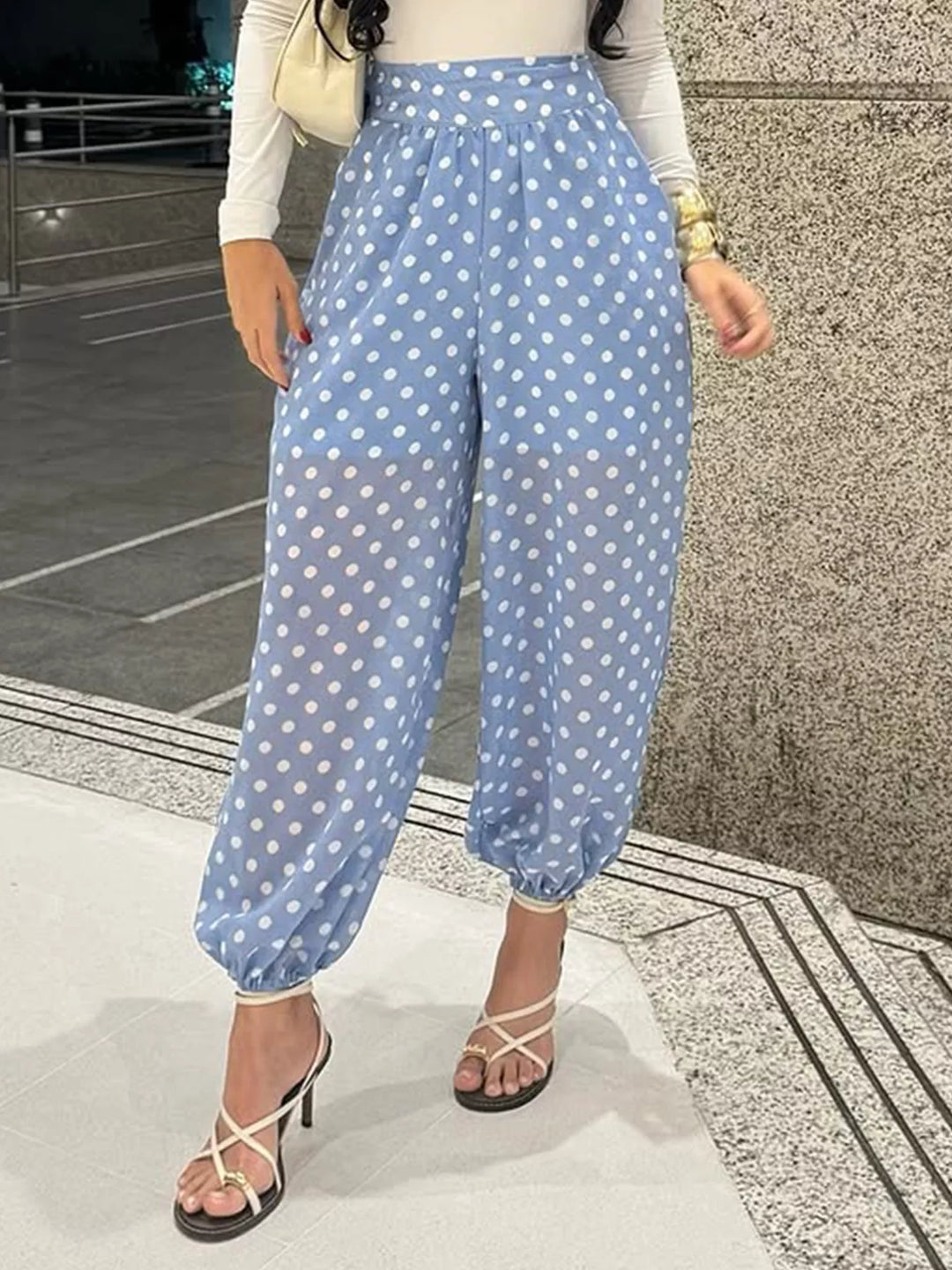 Sheer polka dot wide-leg pants with elastic ankle cuff
