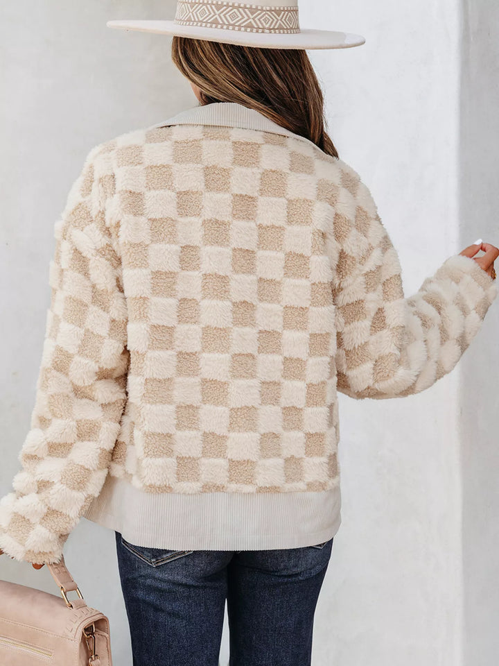 Checkered sherpa zip-up jacket with corduroy collar and trim