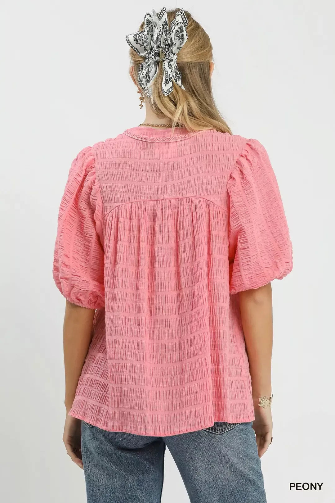 Textured puff sleeve blouse with lace-trim split neck