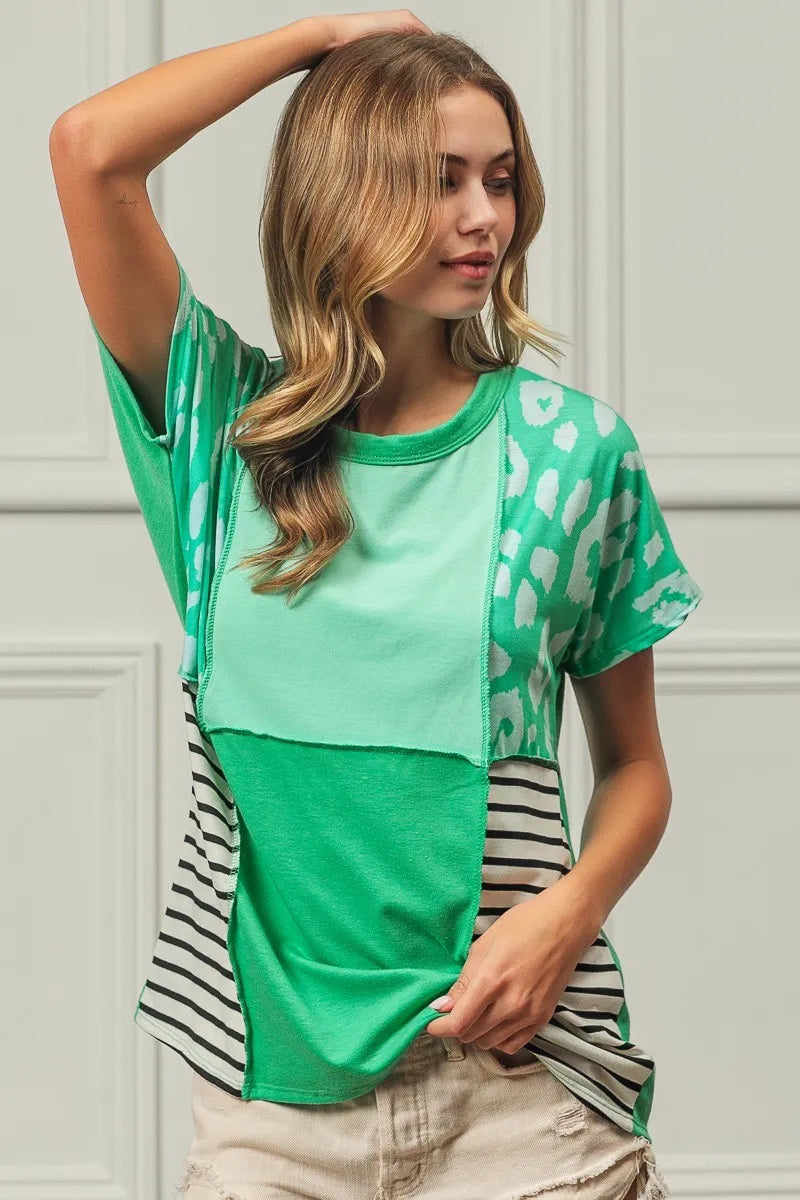 Leopard and stripe color block top with exposed seams