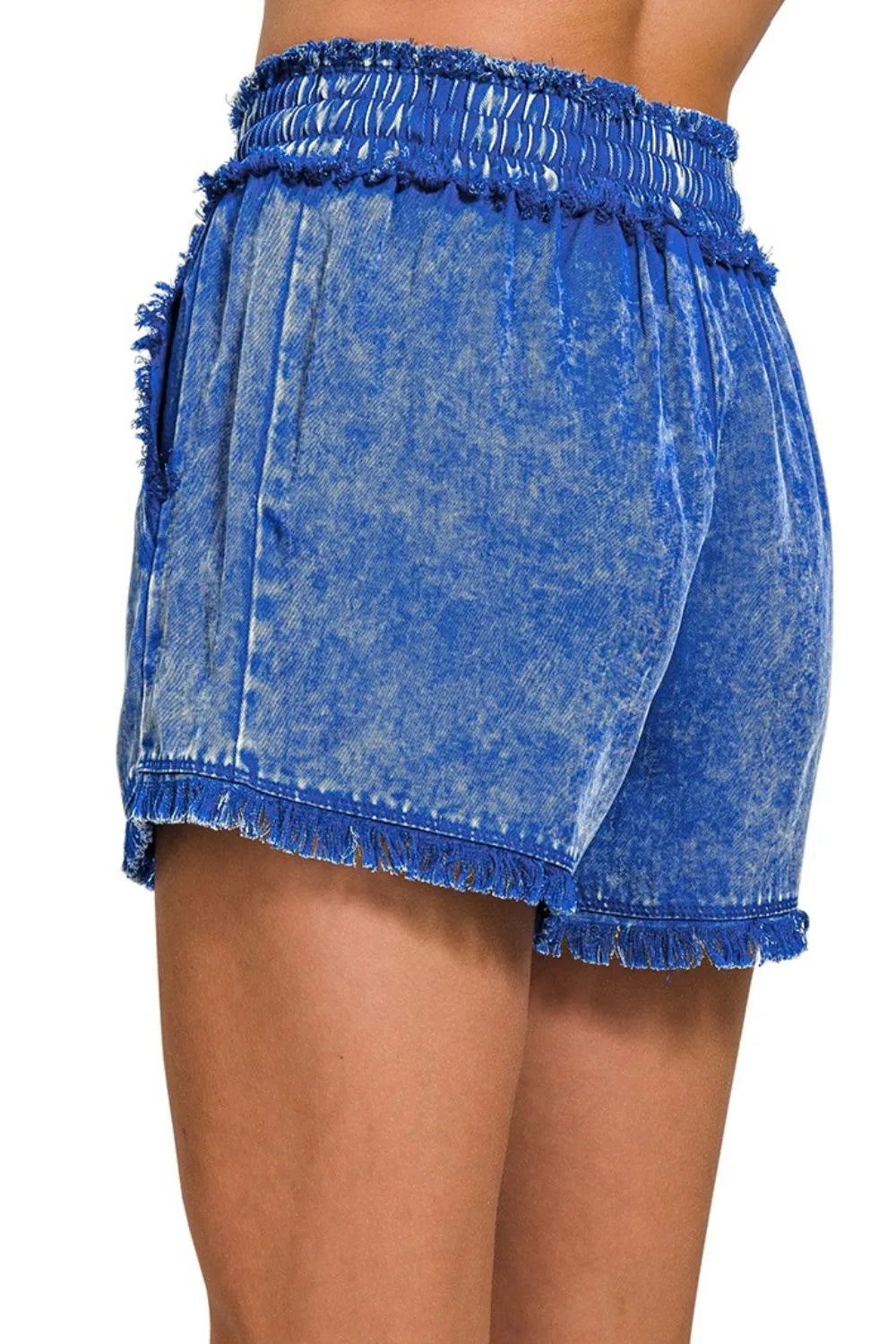Frayed hem mineral wash denim shorts with smocked waist