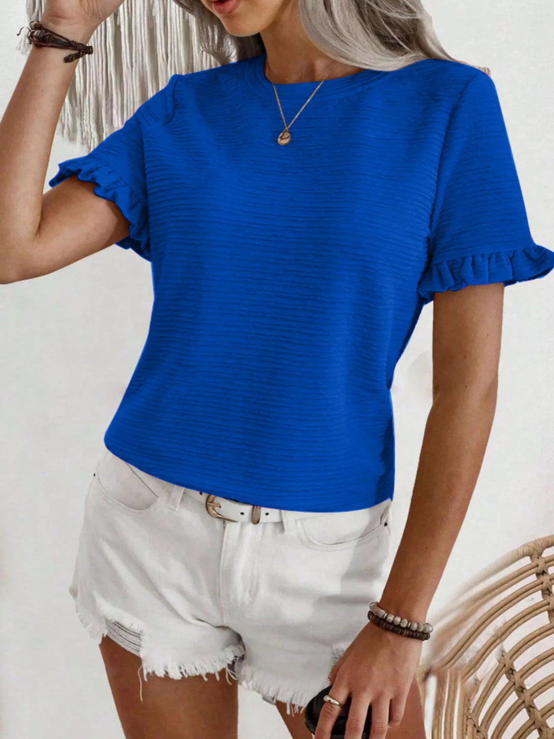 Ruffle-cuff crew neck top with crinkle texture
