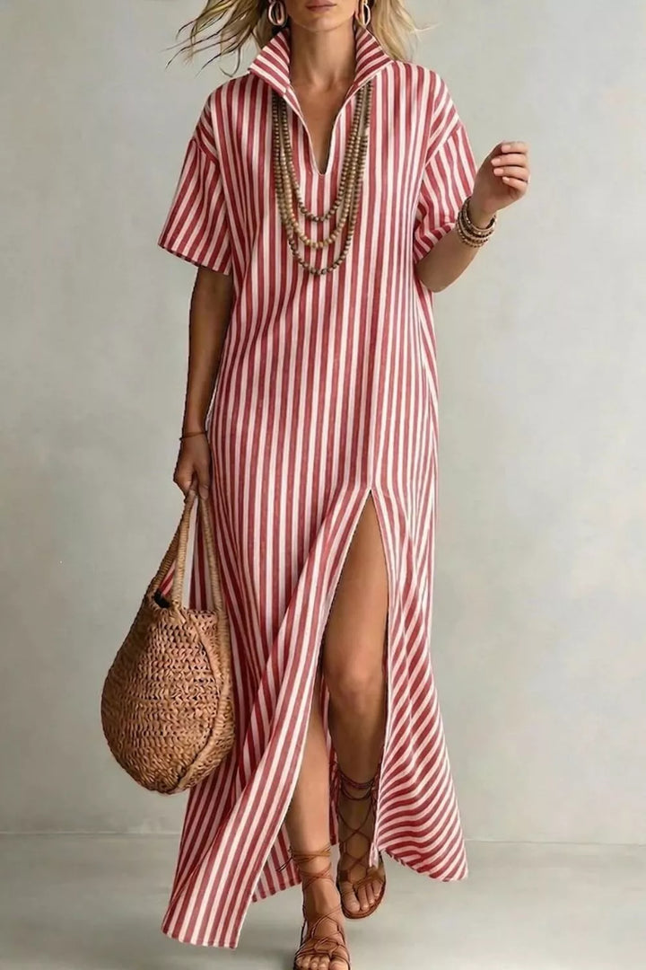 Burnt Coral Striped collared maxi dress with high front slit