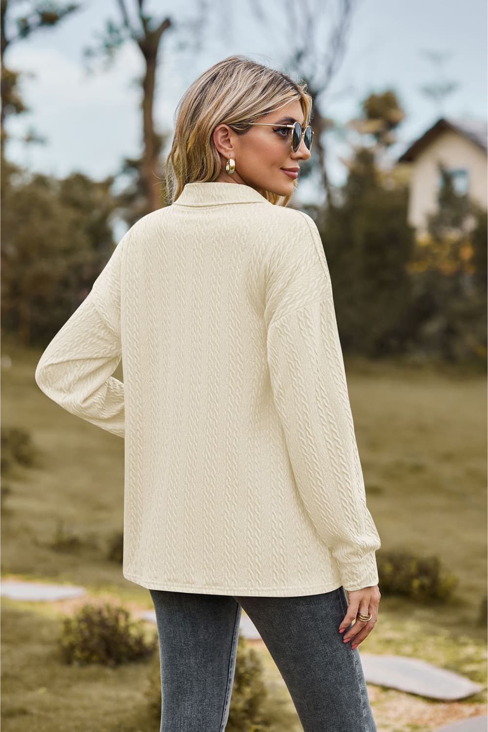 Textured knit collared top with half-button placket