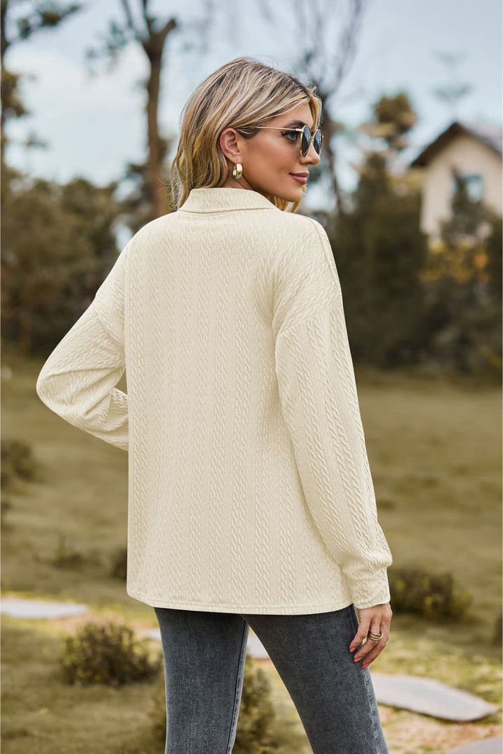 Textured knit collared top with half-button placket