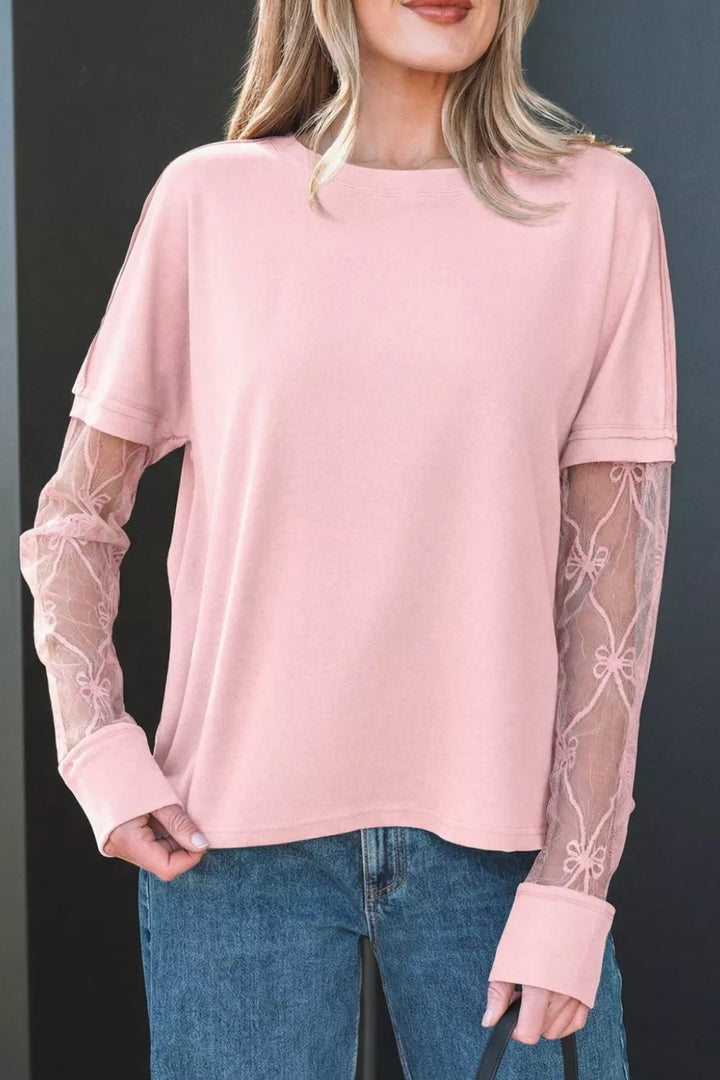 Crew neck top with bow-embroidered sheer lace sleeves
