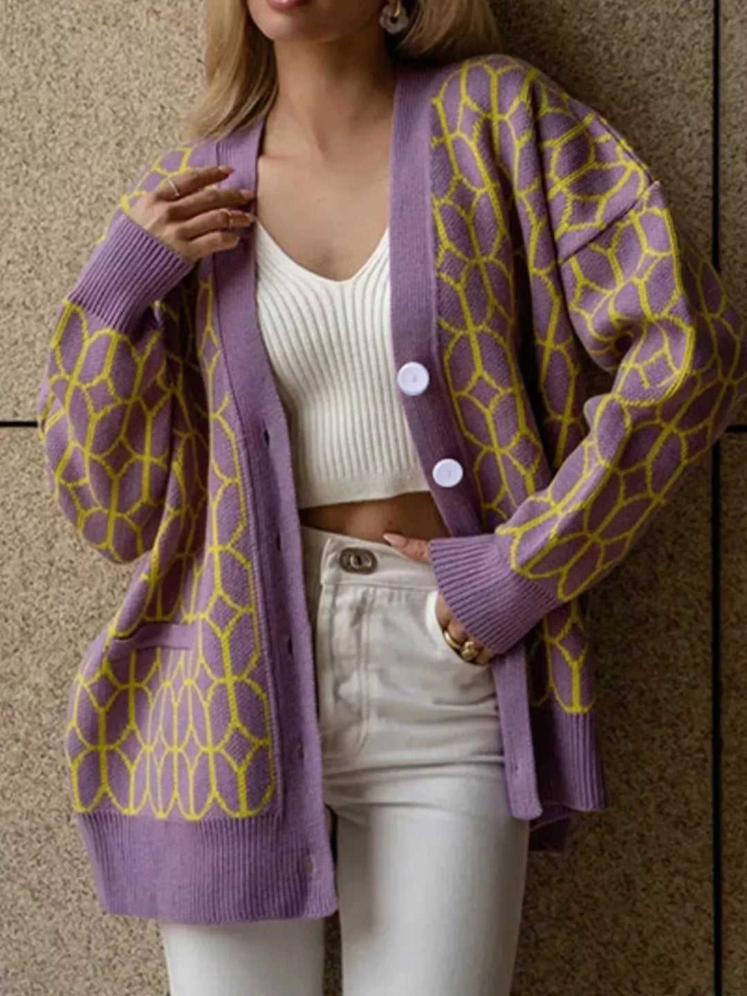 Oversized geometric knit button-down cardigan with pockets