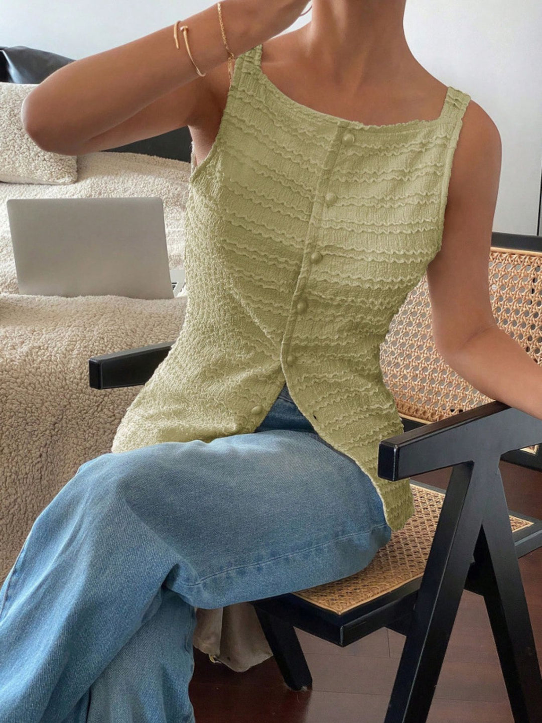 Textured button-front tank with square neck and split hem