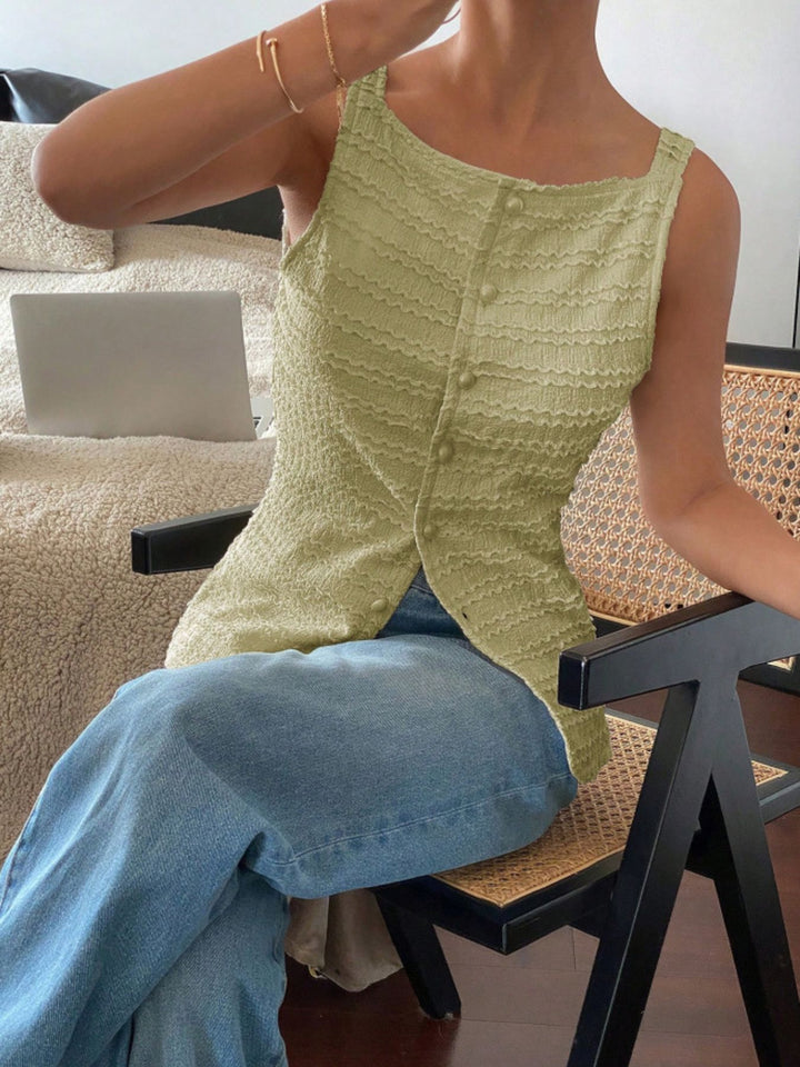 Textured button-front tank with square neck and split hem