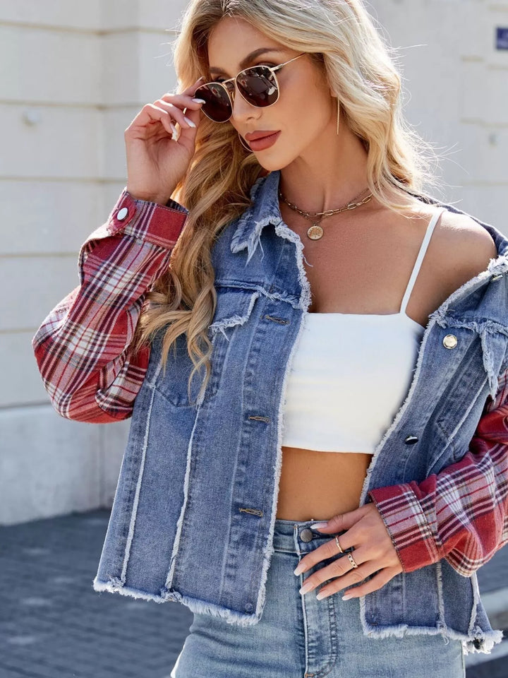 Raw hem denim jacket with plaid contrast sleeves