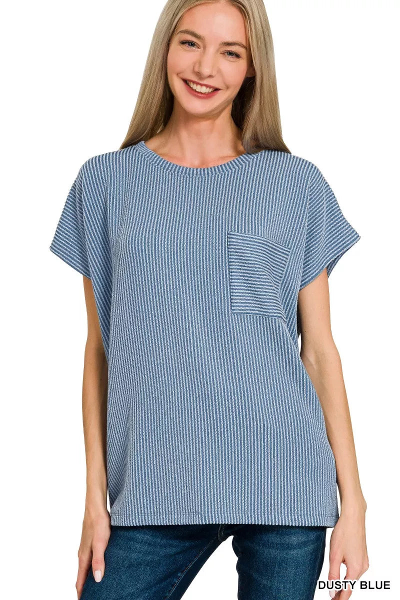 DUSTY BLUE Raised rib knit boxy top with chest pocket