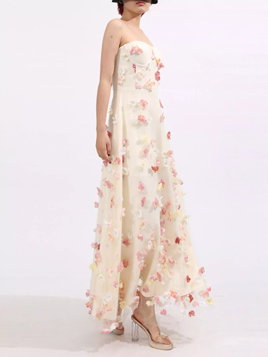 Strapless tulle maxi dress with 3D floral appliques