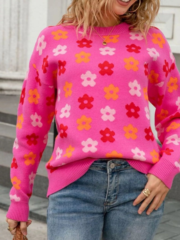 Retro daisy floral crew neck knit sweater